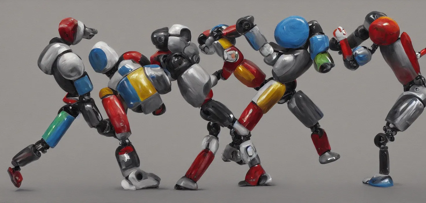 Prompt: two robots having a wrestling match, digital art Photorealistic painting