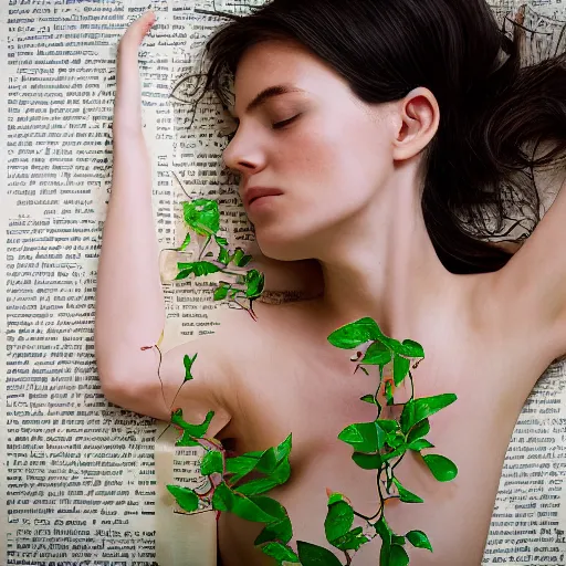 Image similar to “ very photorealistic photo of vines growing out of a woman ’ s book as she sleeps, award - winning details ”