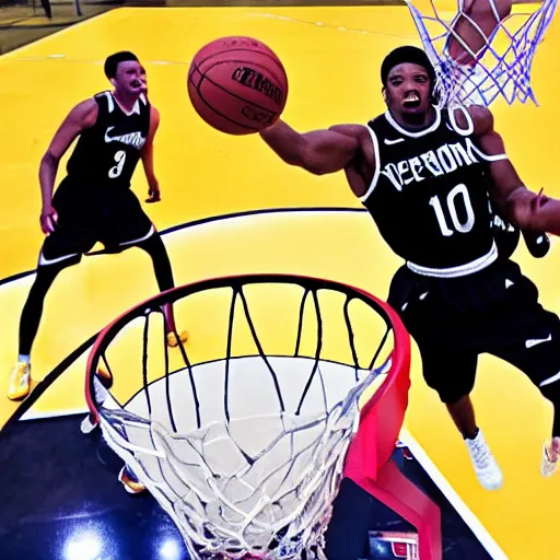 Image similar to A photograph of Venom slam dunking