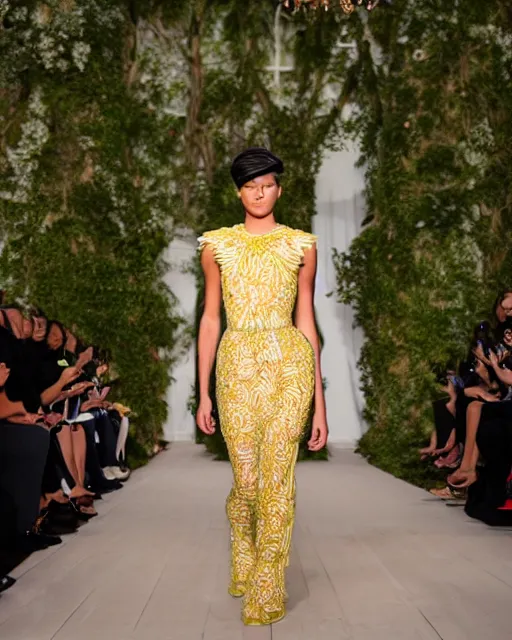 Prompt: pineapple dress runway show, cinematic lighting, Ralph Lauren fashion couture