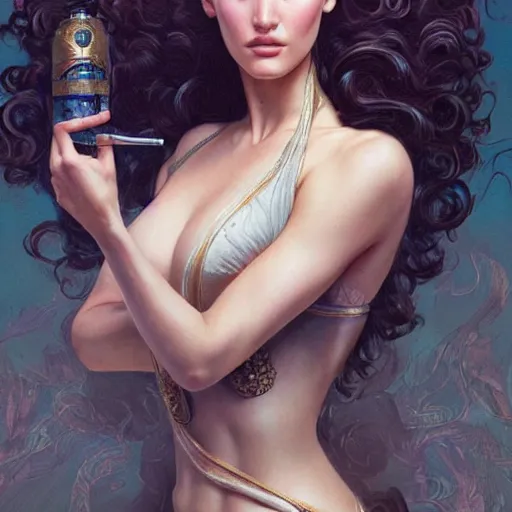 Image similar to ultra realistic illustration, bella hadid wearing a curly english mustache, intricate, elegant, highly detailed, digital painting, artstation, concept art, smooth, sharp focus, illustration, art by artgerm and greg rutkowski and alphonse mucha