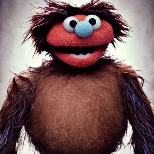 Image similar to a still of a forgotten muppet character looking very manly and modern, hilarious, laughing, hairy chest, huge chin, manly monster tough guy, roughled fur, photo real, photographic, photograph, artstation, trending, featured