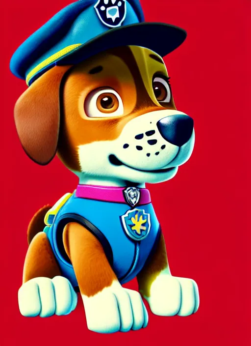 Image similar to highly detailed closeup of chase from paw patrol, puppy with police uniform and hat by atey ghailan, by greg rutkowski, by greg tocchini, by james gilleard, by joe fenton, by kaethe butcher, gradient, red, gold, black, brown and white color scheme, grunge aesthetic!!! white graffiti tag wall background