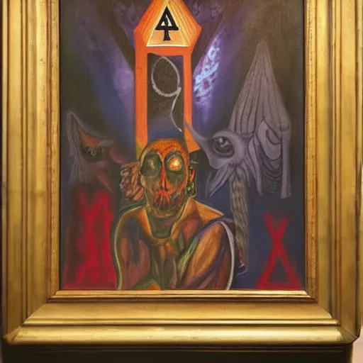 Prompt: portre of an autistic demon, masonic and kabalistic symbols in background, oil painting, on canvas