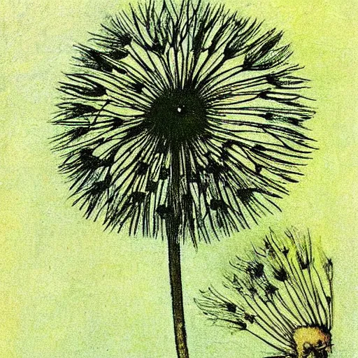 Prompt: a beautiful fairytale painting of a dandelion seed that is also a fluffy fairy. the dandelion seed is the body of the fairy. beautiful clear painting by arthur rackham