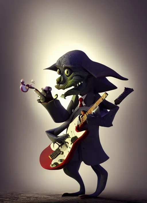 Image similar to a cute sharply dressed goblin playing the blues on an old guitar, in the style of boris valejo and hubert sumlin, fantastic, dramatic lighting, smoke, mist, forest, hyperrealistic, detailed, octane render