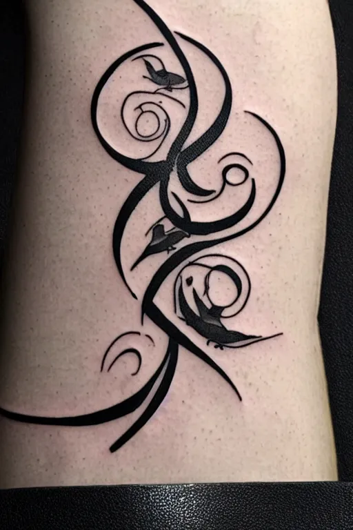 Image similar to a simple tattoo design of flying birds in a 8 shape spiral, black ink, logo