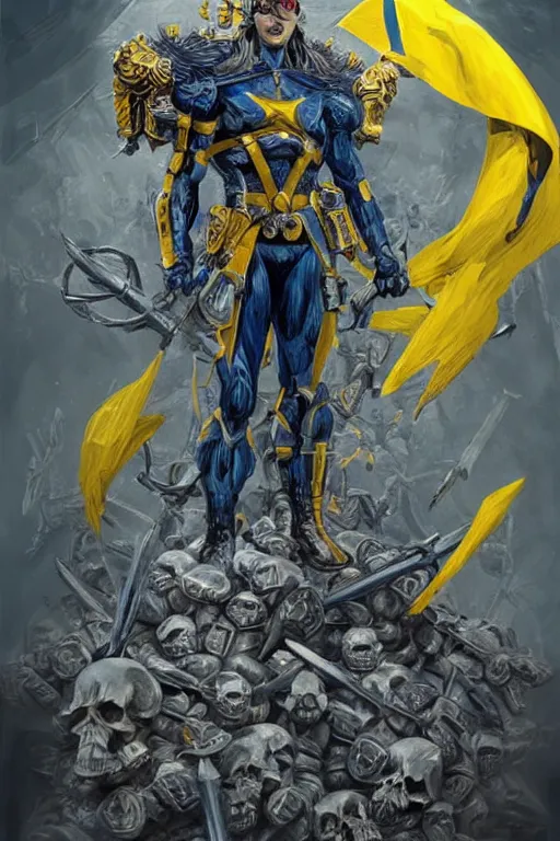 Prompt: a distant shot of one!! single super soldier with blue and yellow flag and a trident symbol standing alone on a huge pile of skulls as a winner, masculine figure, D&D, fantasy, intricate, elegant, highly detailed, extremely detailed, digital painting, artstation, concept art, matte, smooth, sharp focus, illustration, art by Artgerm and Greg Rutkowski and Alphonse Mucha