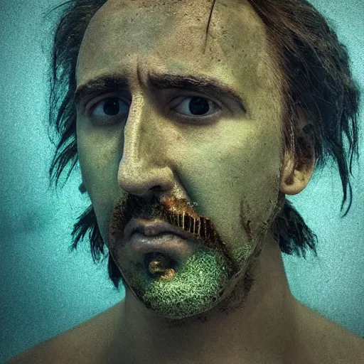 Prompt: Award-winning photograph by Mar Mann. The photo depicts a decaying roman bust of Nicolas Cage overgrown with moss at the bottom of the sea. Minimalism, high definition, perfect composition. Deep sea picture. Very dark. Volumetric Lighting. Fish. Darkness. Ruins
