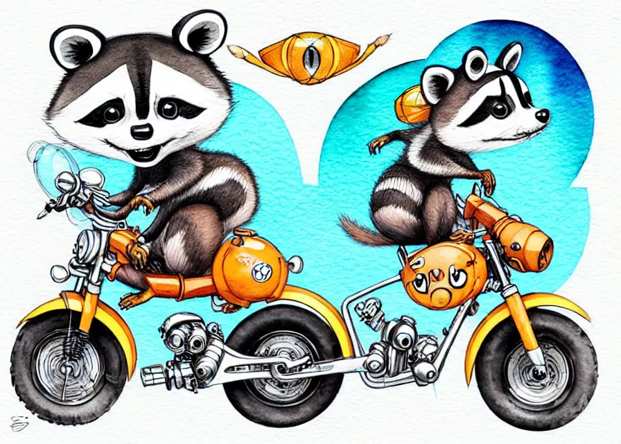 Image similar to cute and funny, racoon riding in a tiny sport motorcycle with oversized engine, ratfink style by ed roth, centered award winning watercolor pen illustration, isometric illustration by chihiro iwasaki, edited by range murata, tiny details by artgerm and watercolor girl, symmetrically isometrically centered