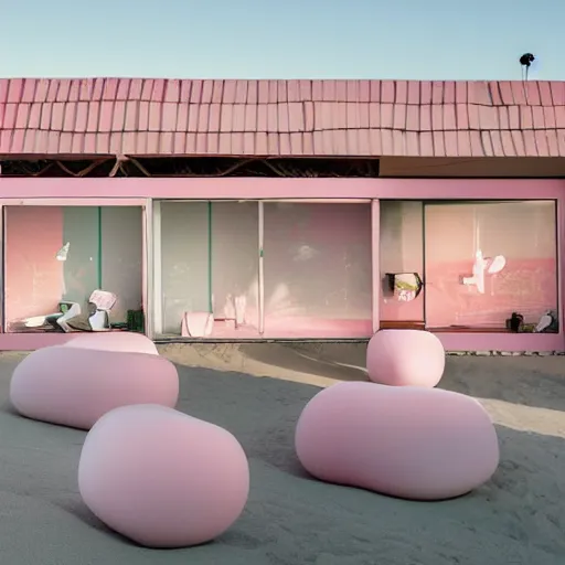 Image similar to An ultra high definition, professional photograph of an outdoor partial IKEA showroom inspired sculpture located on a pastel pink beach ((with pastel pink, dimpled sand where every item is pastel pink. The sun can be seen rising through a window in the showroom.)) The showroom unit is outdoors and the floor is made of dimpled sand. Morning time indirect lighting with on location production lighting on the showroom. In the style of wallpaper magazine, Wes Anderson.