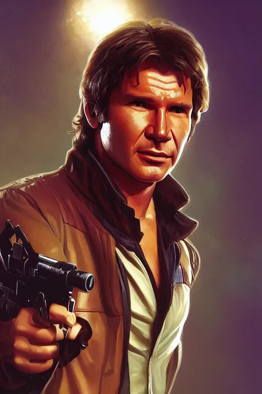 Prompt: harrison ford as han solo, action figurine toy, vaporwave, highly detailed, digital painting, artstation, concept art, smooth, sharp focus, illustration, art by artgerm and greg rutkowski and alphonse mucha