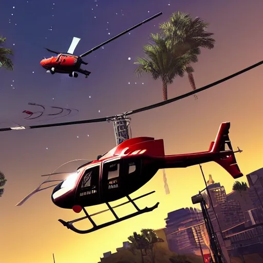 Prompt: Helicopter above a night city in GTA 5, cover art by Stephen Bliss, boxart, loading screen