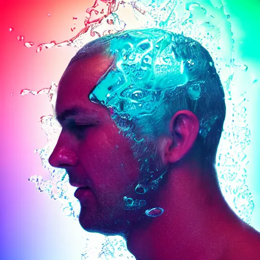 Prompt: a human head logo icon water art manipulation, white background, futuristic, glowing, hyper realistic, ray tracing, realistic water splashes, sharp focus, long shot, 8 k resolution, cinematic, photoshop art