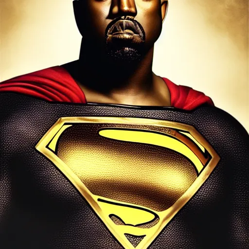 Image similar to Portrait of Kanye West as superman, heroic, amazing splashscreen artwork, splash art, head slightly tilted, natural light, elegant, intricate, fantasy, atmospheric lighting, cinematic, matte painting, detailed face, by Greg rutkowski