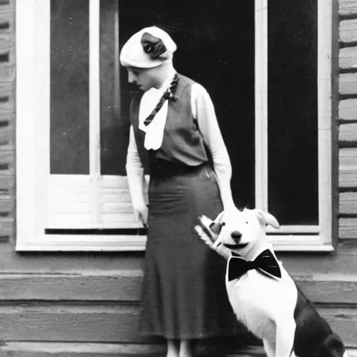 Image similar to a vintage snapshot from the 1 9 2 0 s shows a lady with her dog, a jack russell terrier, outside an open window. she wears a fancy white shirt with a big bowtie, along with a dark - colored skirt. she wore her wristwatch over the cuff of her blouse in the manner of gianni agnelli.