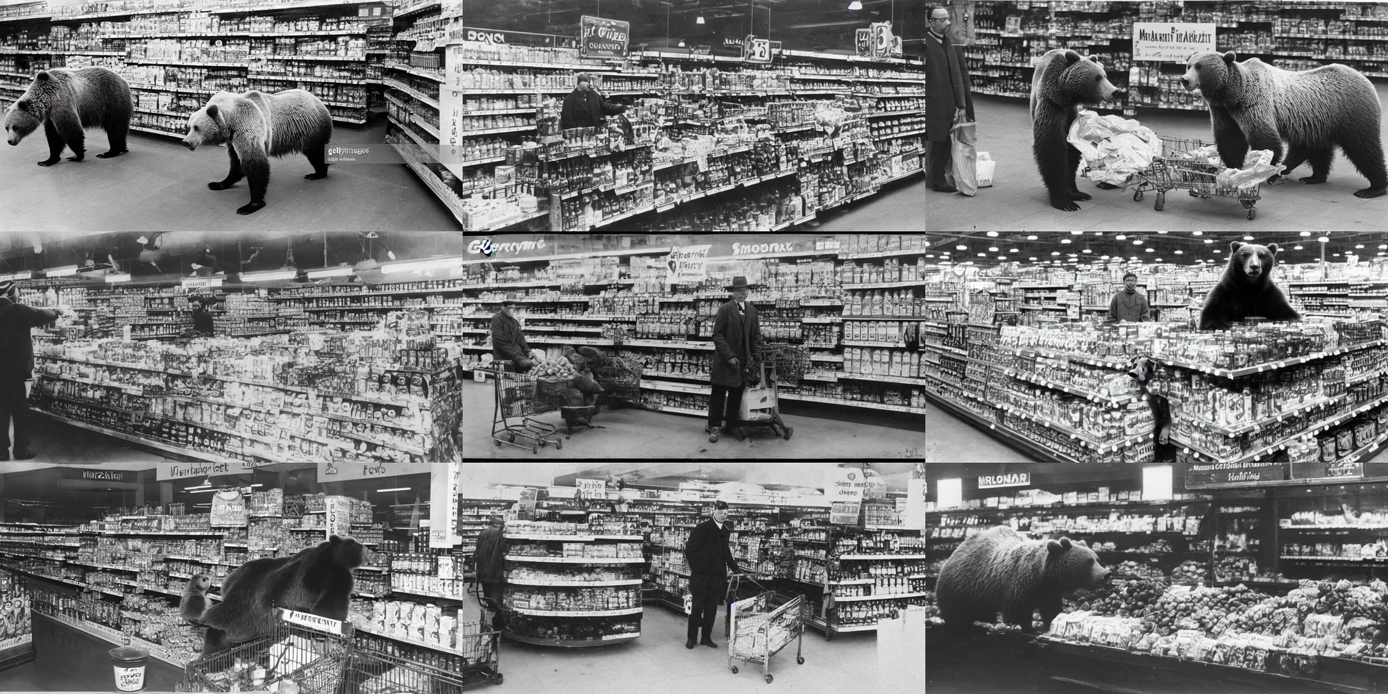 Prompt: grizzly bear at supermarket, 1900’s photo