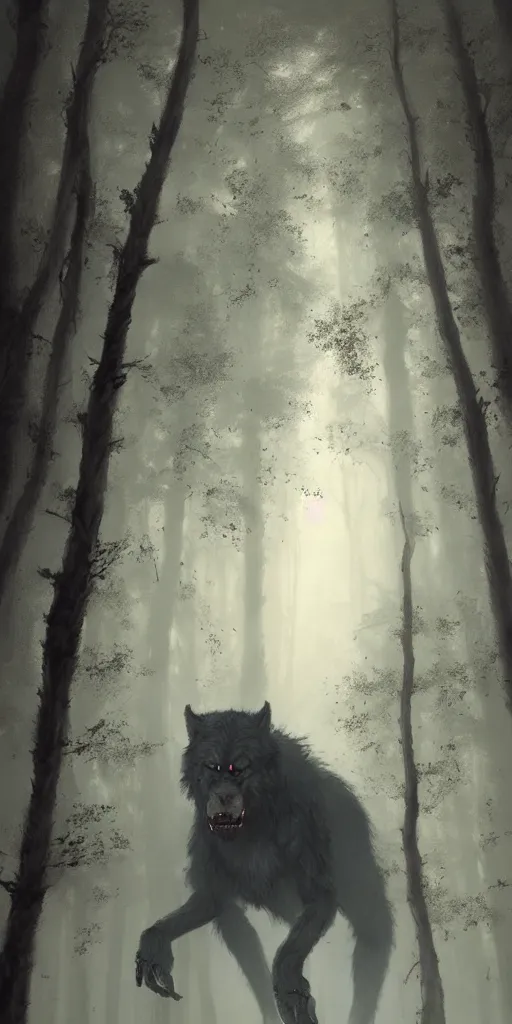 Prompt: a painting of a big werewolf in a foggy dense forest by greg rutkowski, dark fantasy art, high detail, trending on artstation