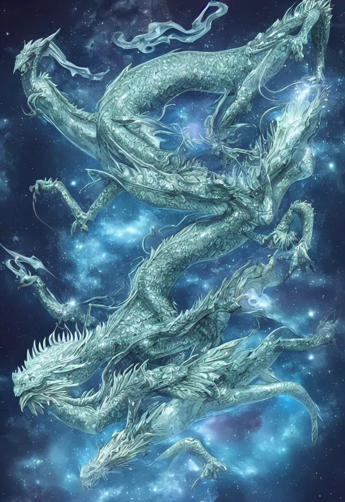 Image similar to hyper-realistic symmetric dragon made of water with wings made of stars in space, holding the earth