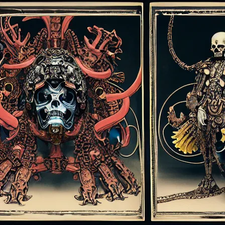 Image similar to still frame from Prometheus by Utagawa Kuniyoshi, lich king Dr doom in ornate bio cybernetic bone armour and skull mask helmet in hells bioship by Wayne Barlowe by peter Mohrbacher by Giger, dressed by Alexander McQueen and by Neri Oxman, metal couture hate couture editorial