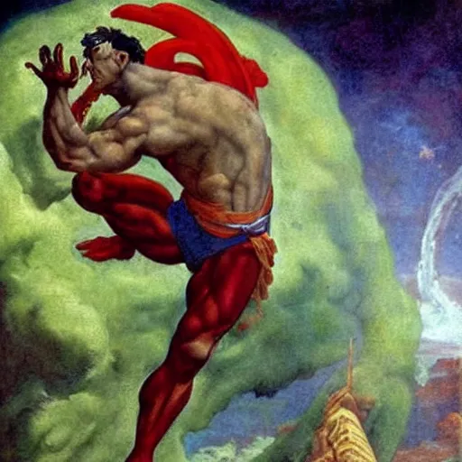 Prompt: Captain Planet getting murdered or poisoned by pollution, painting by Raphael, frank frazetta, michelangelo