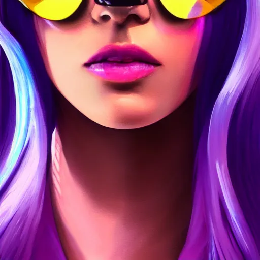 Prompt: closeup painting of a very beautiful young mexican cyberpunk woman with a smirk, wearing light blue shutter shades and a purple leather collar, one side haircut, long brown hair with light blue ends, portrait, hyperdetailed, artstation, cgsociety, 8 k, synthwave by tangerine dream