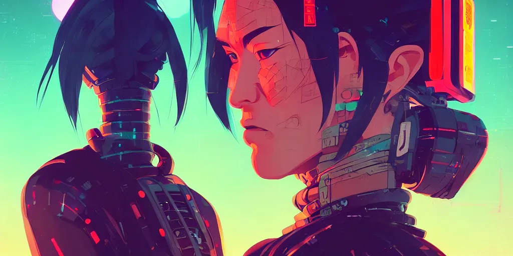 Image similar to digital illustration closeup portrait of cyberpunk samurai in city street at night by makoto shinkai, ilya kuvshinov, lois van baarle, rossdraws, basquiat | afrofuturism, in the style of hearthstone, trending on artstation | cool color scheme