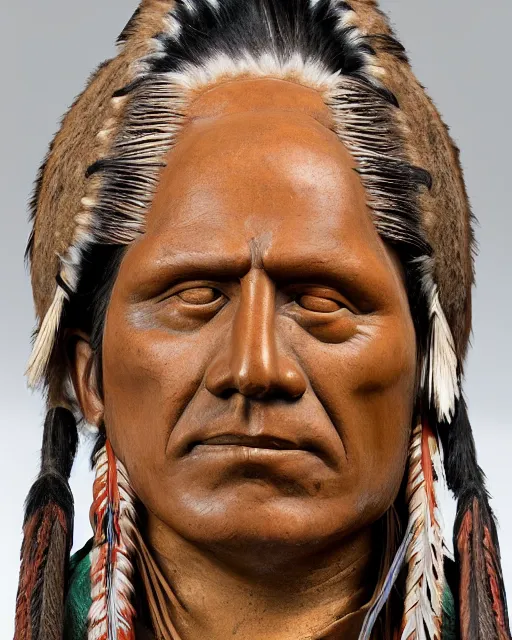 Prompt: bust of a native american man with full head dress, clay sculpture, photograph, photo realistic