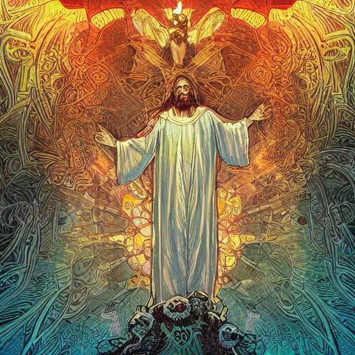 Prompt: the transfiguration of jesus christ, an ultrafine detailed illustration by james jean, intricate linework, bright colors, final fantasy, behance contest winner, vanitas, angular, altermodern, unreal engine 5 highly rendered, global illumination, radiant light, detailed and intricate environment