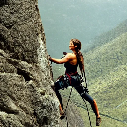 Image similar to lara croft mount climbing, an film still