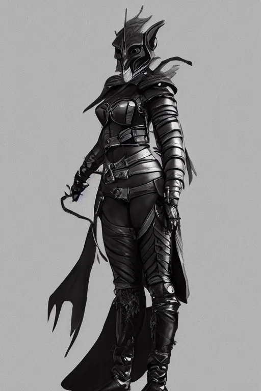 Image similar to female adventurer in tight full - body black leather armor of japanese design and a black porcelain crow mask, trending in artstation, establishing shot