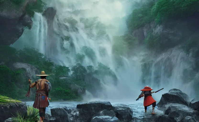 Prompt: highly detailed 3 d render of running shinobi warrior in straw hat, in front of massive waterfall, japanese village from sengoku period, surrounded by dense rock formations, mist, fog, blue night, cinematic lighting, photobash, raytracing, high contrast