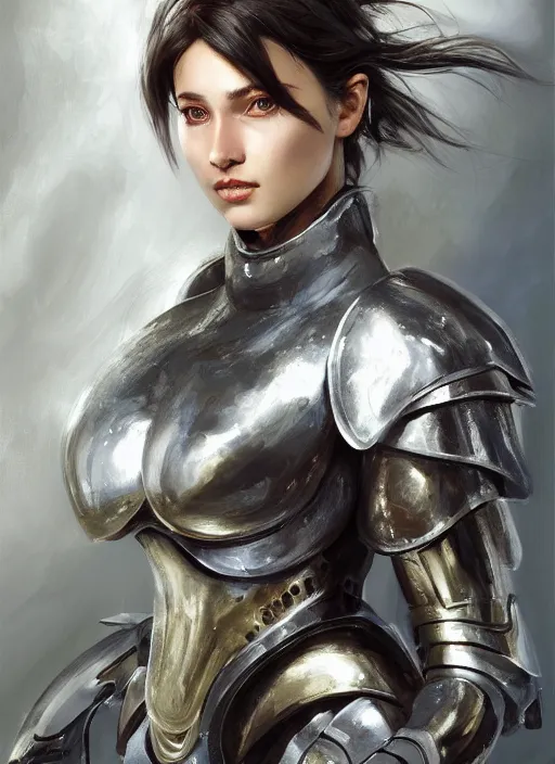 Image similar to a professional painting of a beautiful young female, wearing a metallic dragon-shaped helmet, semi-clothed in battle armor, olive skin, long dark hair, beautiful bone structure, symmetrical facial features, intricate, elegant, digital painting, concept art, smooth, sharp focus, illustration, from Metal Gear, by Ruan Jia and Mandy Jurgens and Greg Rutkowski and Artgerm and William-Adolphe Bouguerea