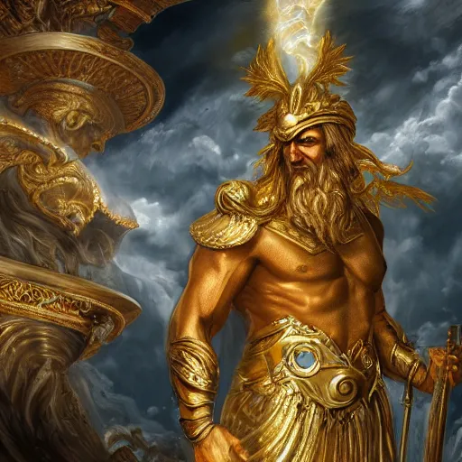 Image similar to Character concept art, Digital Paint, Zeus, God, Character Design, Digital Art, Gold Light, Blue Mist, 8K, insanely detailed and intricate, ornate, hyper realistic, super detailed, Cloudy background, Trending on Artstation, ethereal beings