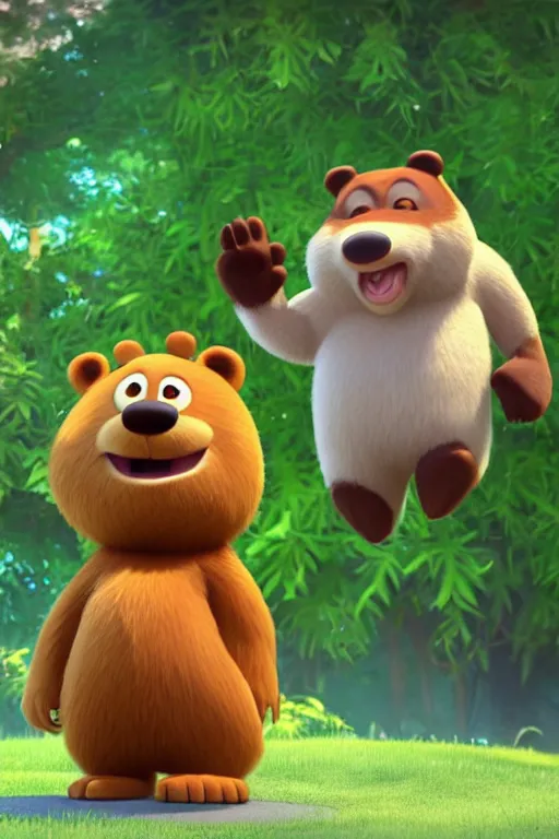 Image similar to a cute character design cgi 3 d anthropomorphic bear with soft fur and a face like yogi bear in the style of pixar, blender, cinema 4 d