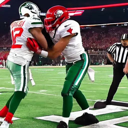 Image similar to jalen hurts punching carson wentz in the face in real life, 8 k, 4 k uhd, realistic, hyper realistic, super detailed, very detailed, detailed