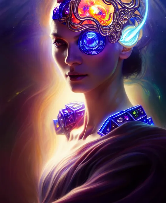 Image similar to a whirlwind of souls rushing inside the metaverse, half body, glowin eyes, tiara with sapphire, pharaoh, android, cyberpunk, d & d, fantasy, intricate, elegant, highly detailed, colorful, vivid color, digital painting, artstation, concept art, art by artgerm and greg rutkowski and alphonse mucha and ruan jia