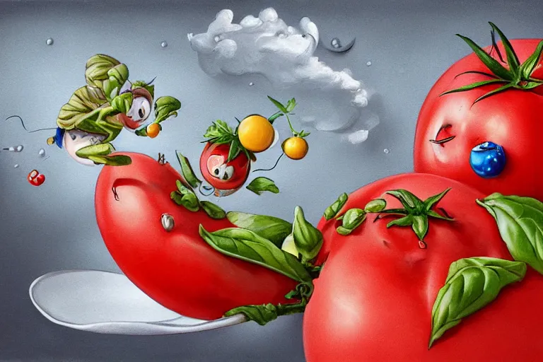 Image similar to a highly detailed happy tomato is playing with mozzarella balls, some sliced in half, basil leaves flying all over, playful vibe, full body, wide angle, an ultrafine detailed painting by joe fenton, trending on deviantart, pop surrealism, whimsical, lowbrow, perfect symmetrical face, sharp focus, octane, masterpiece