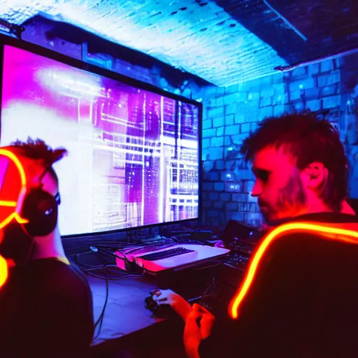 Image similar to live coding duo on a neon lit stage with code projected behind their back, rave scene, underground Berlin, press photography