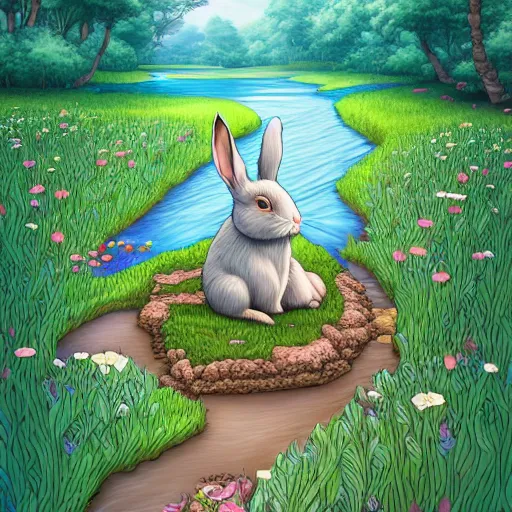 Prompt: rabbit burrow beside a flower lined river extremely detailed, sharp focus, wide view, full body shot, smooth, digital illustration, by james jean, by rossdraws, frank franzzeta, sakimichan rutkowski