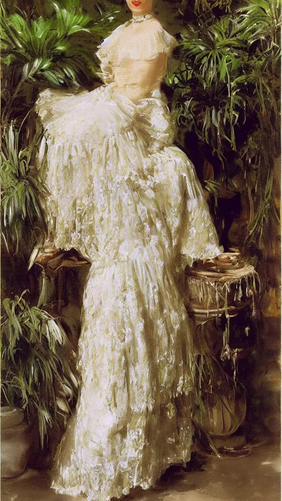 Image similar to rebekah delrio wear a lace dress in a botanical room set near a persian pot and palm treeby john singer sargent