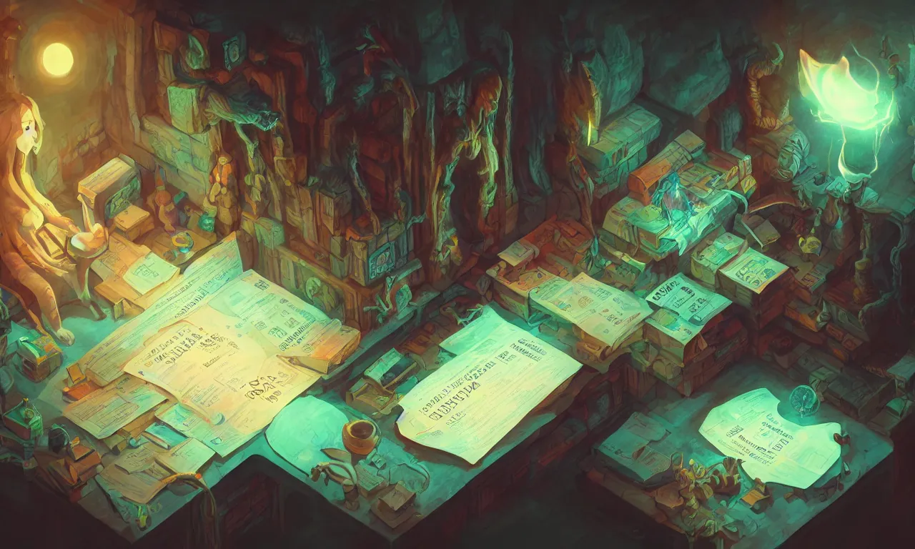 Image similar to workstations, kerberos realm, faked ticket close up, wizard reading a directory, nordic forest colors, 3 d art, digital illustration, perfect lighting