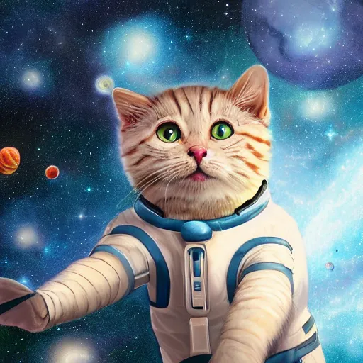 Image similar to epic scale space kitty, eyes like galaxies, flying through space, wearing a space suit and space helmet, soaring through the stars, ultra detailed, 4 k, 8 k, digital illustration