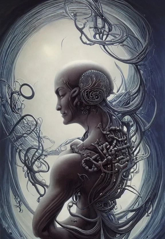 Image similar to perfectly centered portrait front view of a beautiful biomechanical moon goddess, flowing hair, intense stare, sweet sarcastic smile, symmetrical, dark blue skin, concept art, intricate detail, volumetric shadows and lighting, realistic oil painting by peter mohrbacher, h. r. giger, zdzisław beksinski, gustave dore,