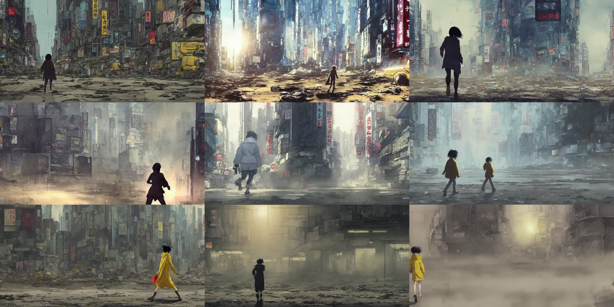 Prompt: incredible wide screenshot, ultrawide, simple watercolor, paper texture, katsuhiro otomo ghost in the shell movie scene, backlit distant shot of girl in a parka running from a giant robot invasion side view ,yellow parasol in deserted dusty shinjuku junk town, broken vending machines, old pawn shop, bright sun bleached ground, mud, fog, dust, windy, scary chameleon face muscle robot monster lurks in the background, ghost mask, teeth, animatronic, black smoke, pale beige sky, junk tv, texture, shell, brown mud, dust, bored expression, overhead wires, telephone pole, dusty, dry, pencil marks, genius party,shinjuku, koju morimoto, katsuya terada, masamune shirow, tatsuyuki tanaka hd, 4k, remaster, dynamic camera angle, deep 3 point perspective, fish eye, dynamic scene