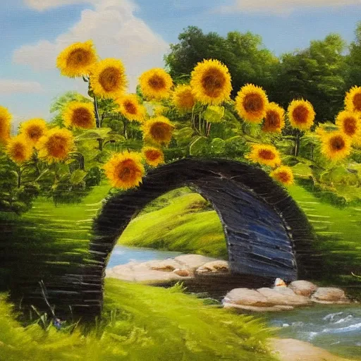 Prompt: Stone bridge over brook, pastoral scene. Summer, sunflowers. Oil on canvas, award winning