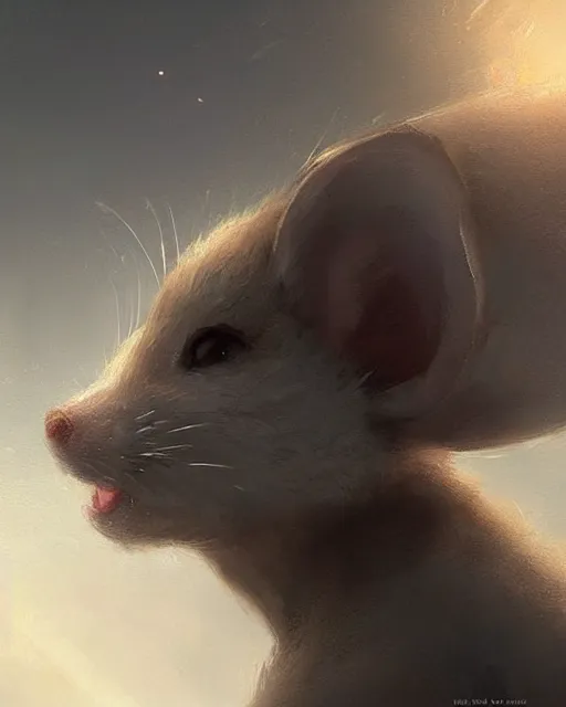 Image similar to viewed from behind, over the shoulder, a cute mouse looks upwards, viewed from behind, digital portrait by greg rutkowski, fantasy art, concept art, by disney concept artists, cinematic lighting, evening light, trending on artstation, cgsociety