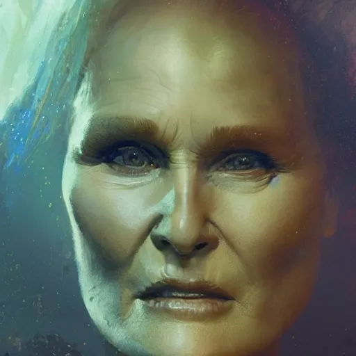 Image similar to glenn close, hyperrealistic portrait, bladerunner street, art of elysium by jeremy mann and alphonse mucha, fantasy art, photo realistic, dynamic lighting, artstation, poster, volumetric lighting, very detailed face, 4 k, award winning