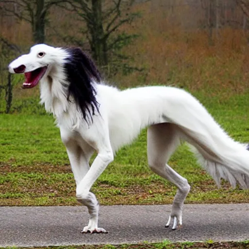 Prompt: photo of a hybrid between a borzoi and a velociraptor