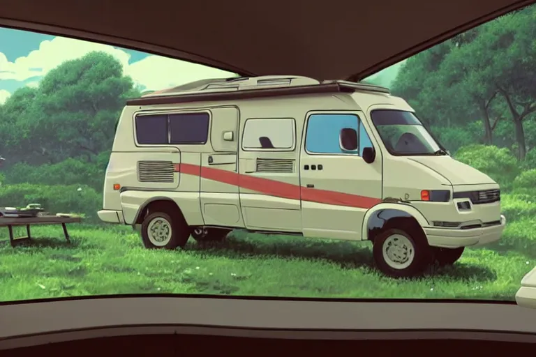 Image similar to a wholesome animation key shot of!! one!! focused! 1 9 9 4 fiat hymer motorhome! in the romanian countryside, medium shot, studio ghibli, ( ( pixar ) ) and disney animation, sharp, very detailed, high resolution, rendered in unreal engine 5, anime key art by greg rutkowski, bloom, dramatic lighting